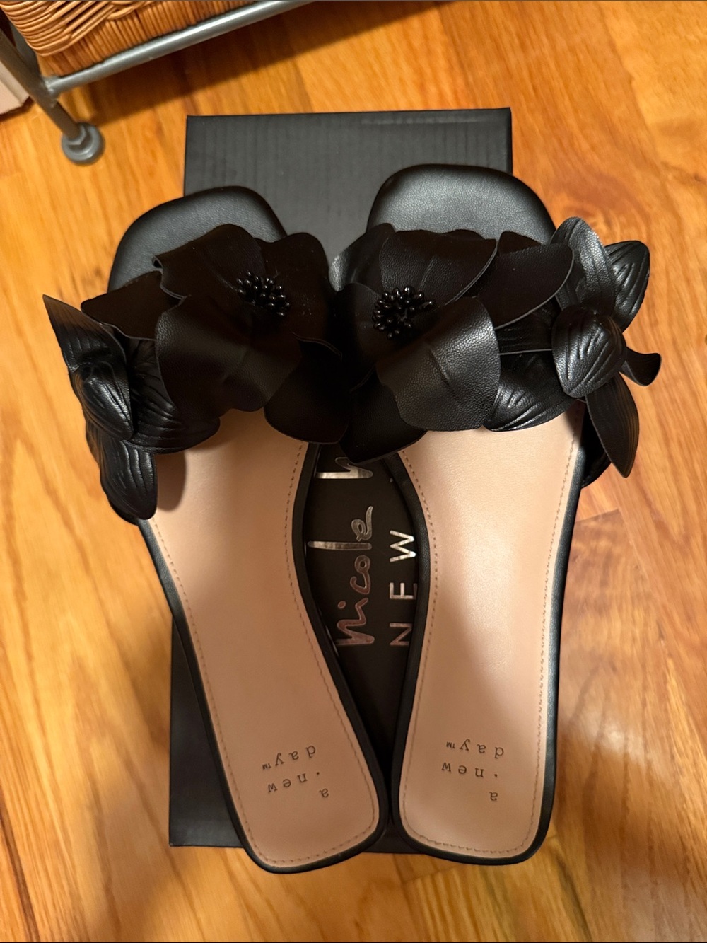 A New Day Black Floral Slide Sandals